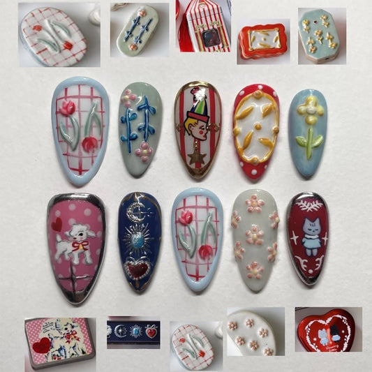 Press on Nails Medium Almond SWEKKE Fake Nails Cute False Nails with Polka Dots Flower Cat Sheep Designs Glossy Glue on Nail Full Cover Acrylic Nails for Women Girls 24Pcs