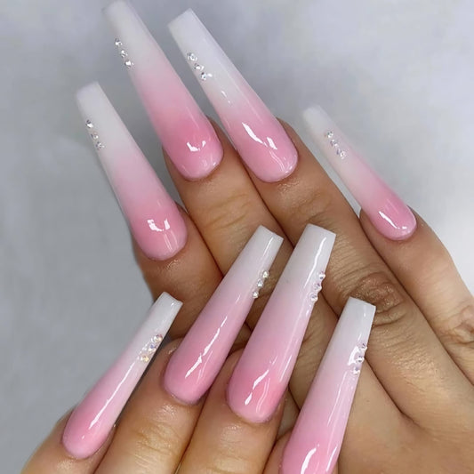 MISUD Press on Nails - Long Coffin Fake Nails with Pink White Ombre, Acrylic Rhinestone Design 24 pcs