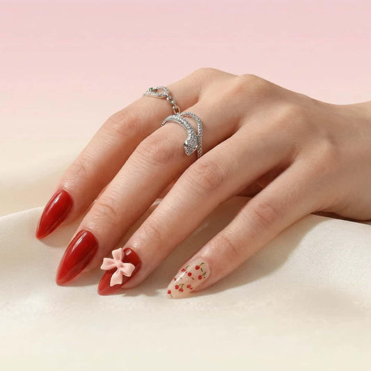 Short Almond Press on Nails Wine Red Full Cover False Nails with Bowknot Design Glossy with Cherry Design Acrylic Glue on Nails Removable Stick on Nails for Women Girls 30 Pcs