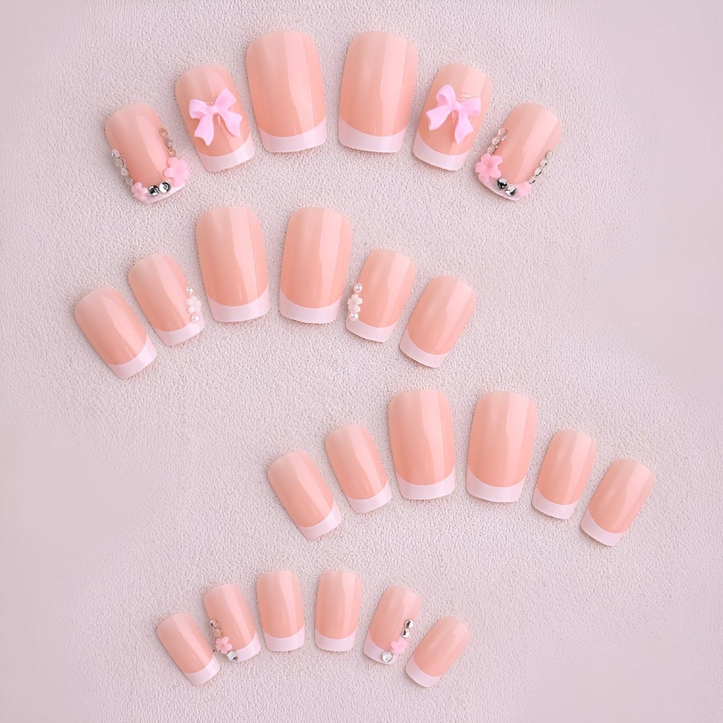 24Pcs French Tip Press On Nails Medium Square Fake Nails Bow Nails Press Ons Rhinestones False Nails With Flower Design Glossy Glue on Nail White French Tip Stick on Nail for Women Set