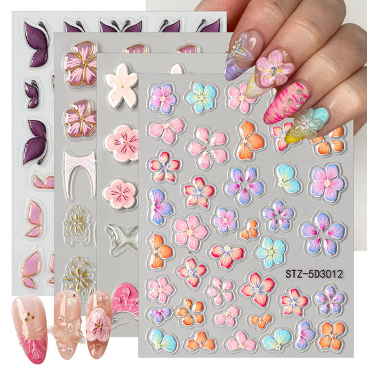 5D Embossed Flowers Butterfly Nail Stickers French Tip Flower Nail Art Stickers Colorful Gradient Design Floral Nail Decals for Women Spring Summer DIY Manicure Supplies(4 Sheets)