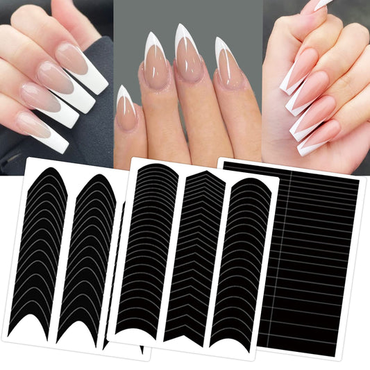 36 Sheets 1860 Pcs French Tip Nail Guides, Self-Adhesive French V-Shaped Moon Shaped Manicure Strip Stickers for Edge Auxiliary Black DIY Decoration Stencil Tools