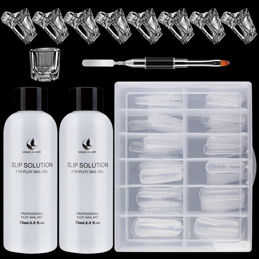 Poly Gel Slip Solution Kit - 5oz Slip Solution for Nail Extensions with 120pcs Dual Forms, Nail Clips, Dual-Ended Brush & Crystal Cup - Beginner-Friendly DIY Nail Art Set for Women at Home