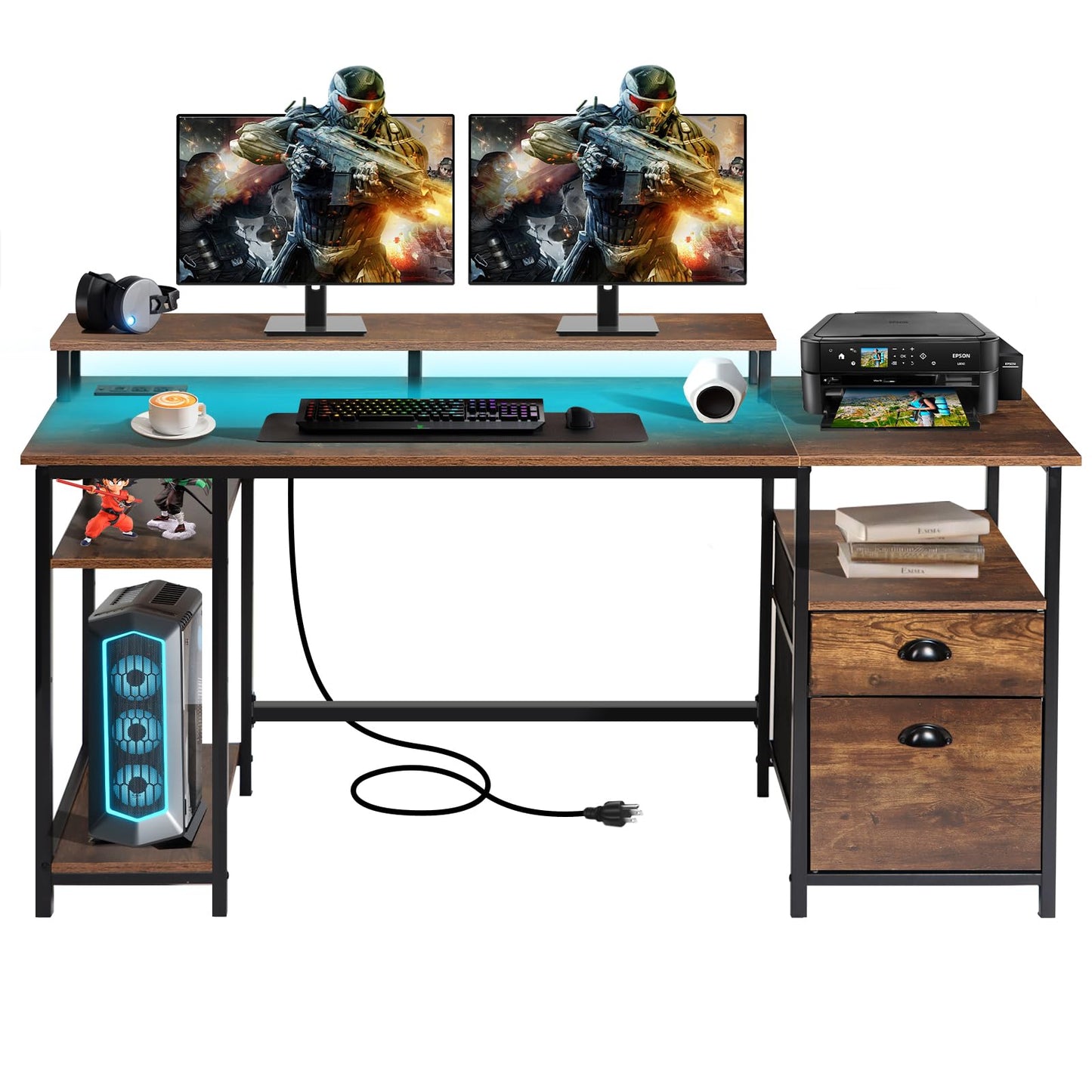 Panana 61.4" Computer Desk with Power Outlet and LED Lights, Desk with 2 Fabric File Cabinet Drawer, Large Reversible Gaming Desk with Shelves and Monitor Stand, Writing Study Desk for Home Office