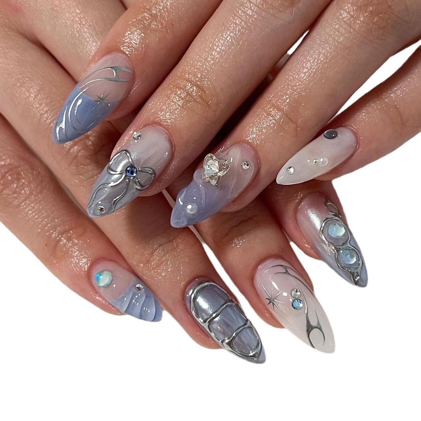 Blue Gradient Press on Nails Medium Almond Fake Nails with 3D Rhinestones Design Charms Nails French Tip Press on Almond Shape Cute Sliver Star Stick on Nails False Nails for Women Daily Wear 24Pcs