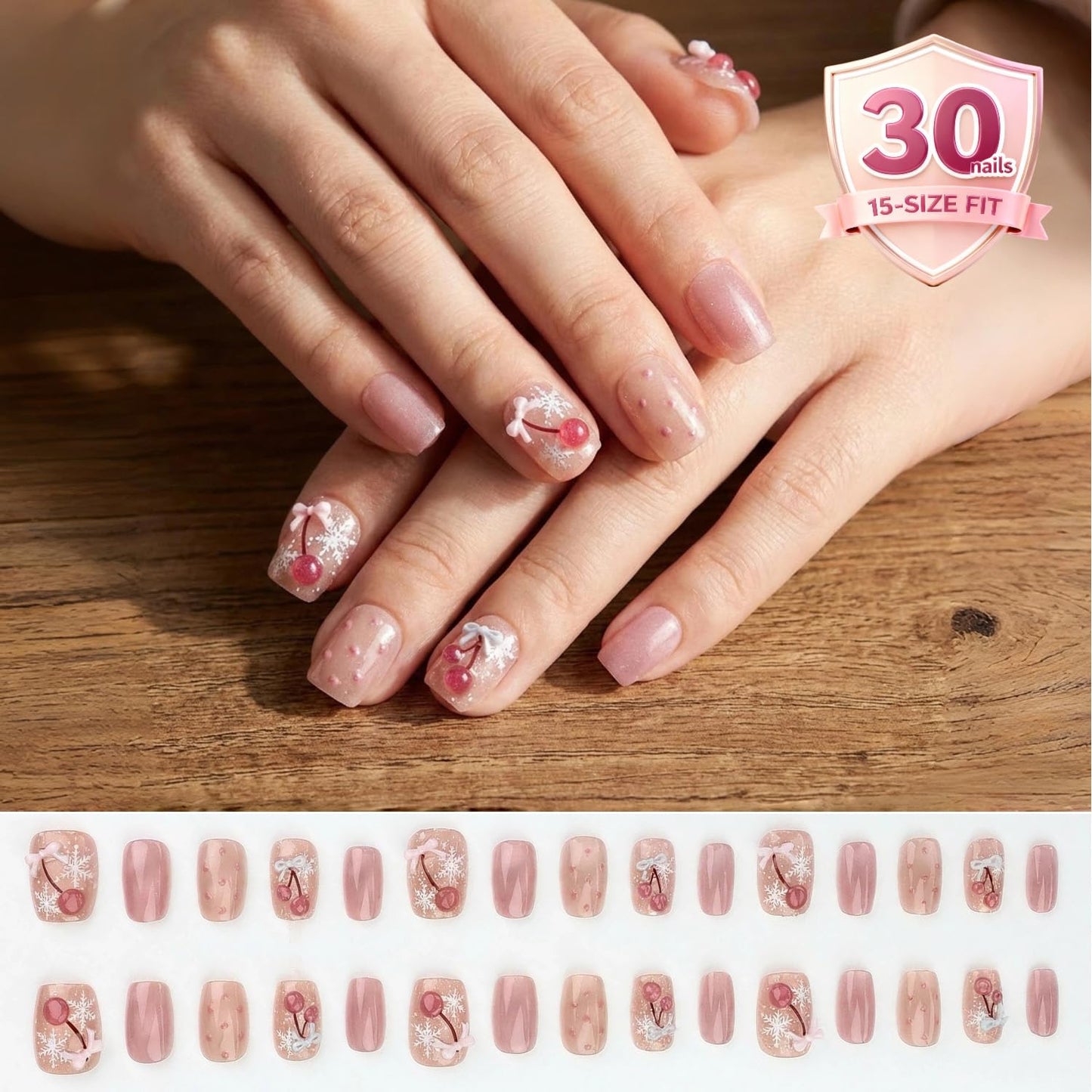 3D Bow & Cherry Press On Nails, Nude Pink Short Square Fake Nails with Snowflake Design, Glossy Cute On Nails for Women, 30PCS Set (The sizing runs small)