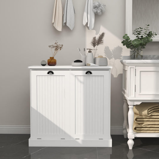 Contemporary Storage Cabinet, Two-Compartment Tilt-Out Laundry Sorter Cabinet, for Bathroom Hallway