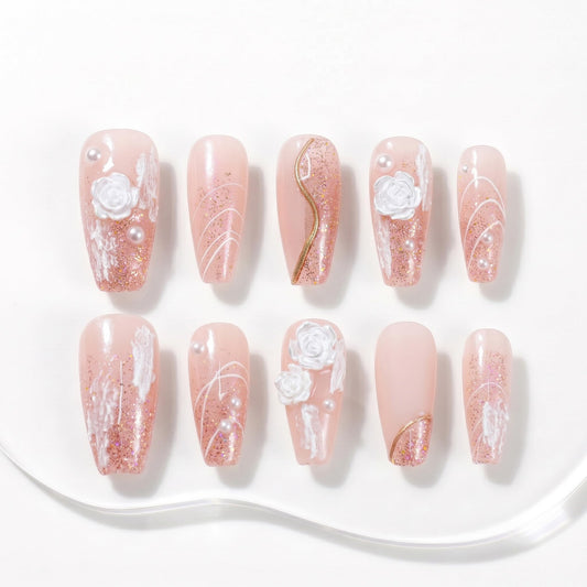 Sun&Beam Nails Handmade Press on Fake Nails Medium Long Nail Tips Popular Design Ballerina Pink 3D Flower Cute Pearl with Storage Box 10 Pcs (#002 L)