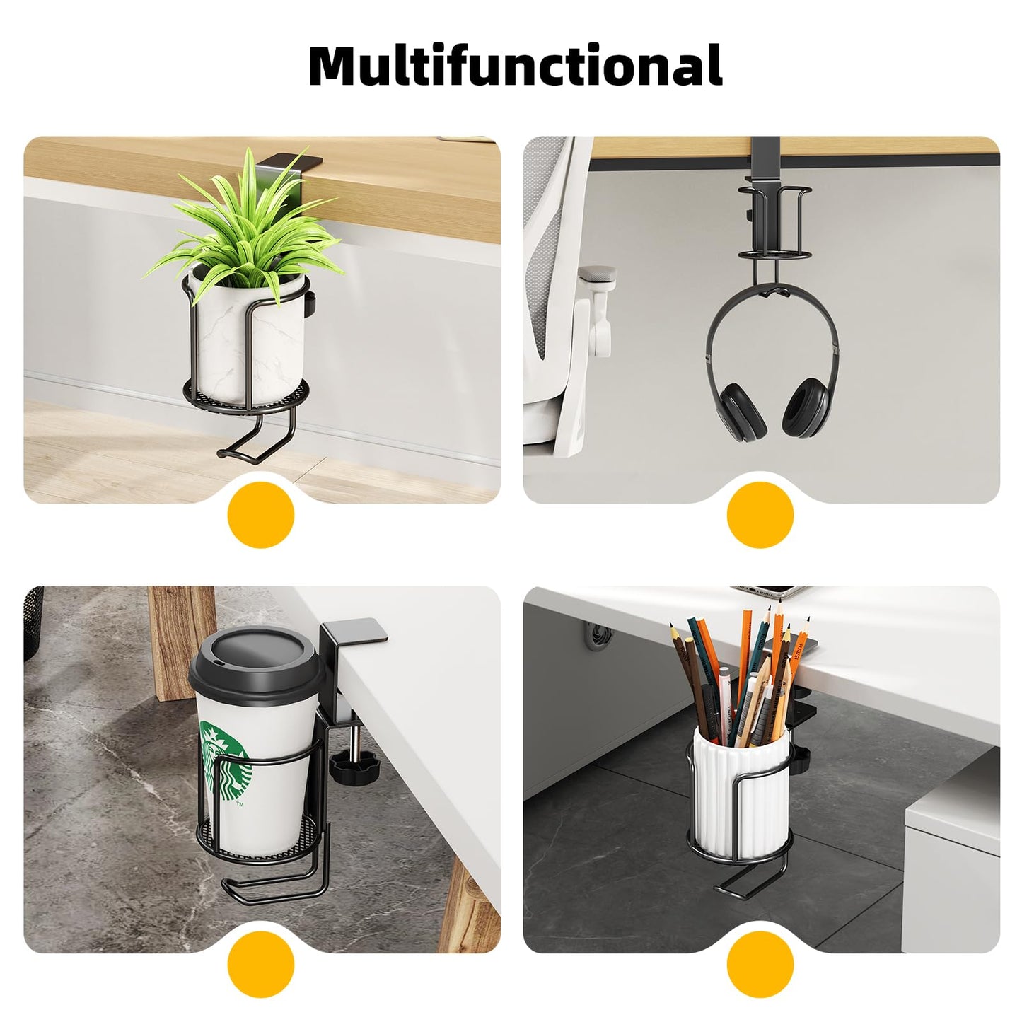 CABTE 2 in 1 Desk Cup Holder with Headphone Hanger Holder, Anti-Spill Clip-On Table Cup Hook with 360° Rotation for Lawn Chair, Office Home Gaming Table (1 Pack)