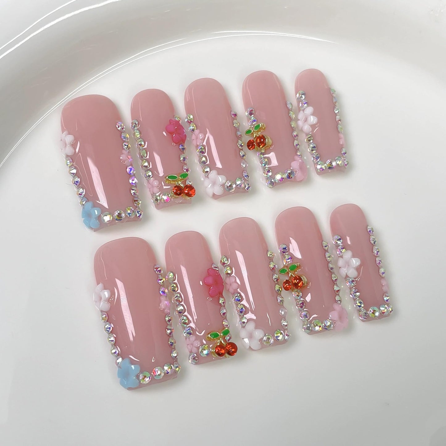 Qicaijia 10Pcs (Size M) Long Square Handmade Press On Nails - Pink Glossy Acrylic Fake Nails with 3D Cherry Rhinestones for Women’s Manicure