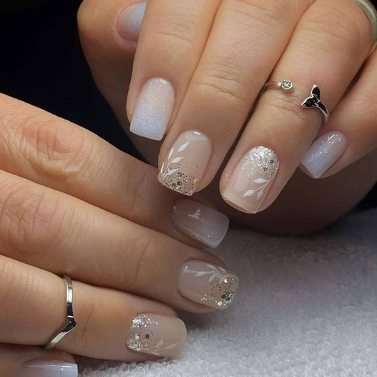 24Pcs Leaves Press on Nails Short Square Fake Nails with Gradient Glitter Designs Nails Press ons Pink White Acrylic Nails Simple Stick on Nails for Women
