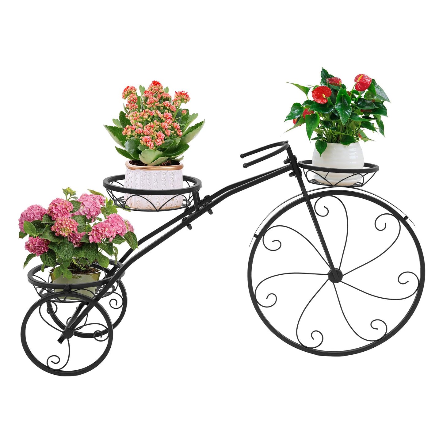 KEARIXM Bicycle Planter Stand, Metal Flower Pot Cart Holder with 3 Plant Bucket, Black Plant Stands, Metal Plant Stand, Flower Bar Cart for Garden, Wagon Planter Outdoor for Patio Balcony