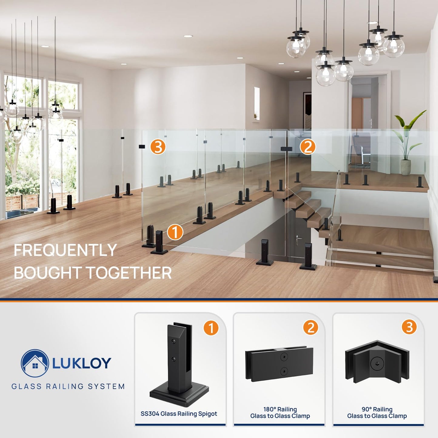 LukLoy 16 Pack T304 Stainless Steel Glass Railing Spigots – No-Drill Black Spigots Clamps Glass Railing System for Indoor Stairs, Pool Fencing, or Low-Wind Outdoor (16 Pack, Each NW 1.71lb) - Level 1