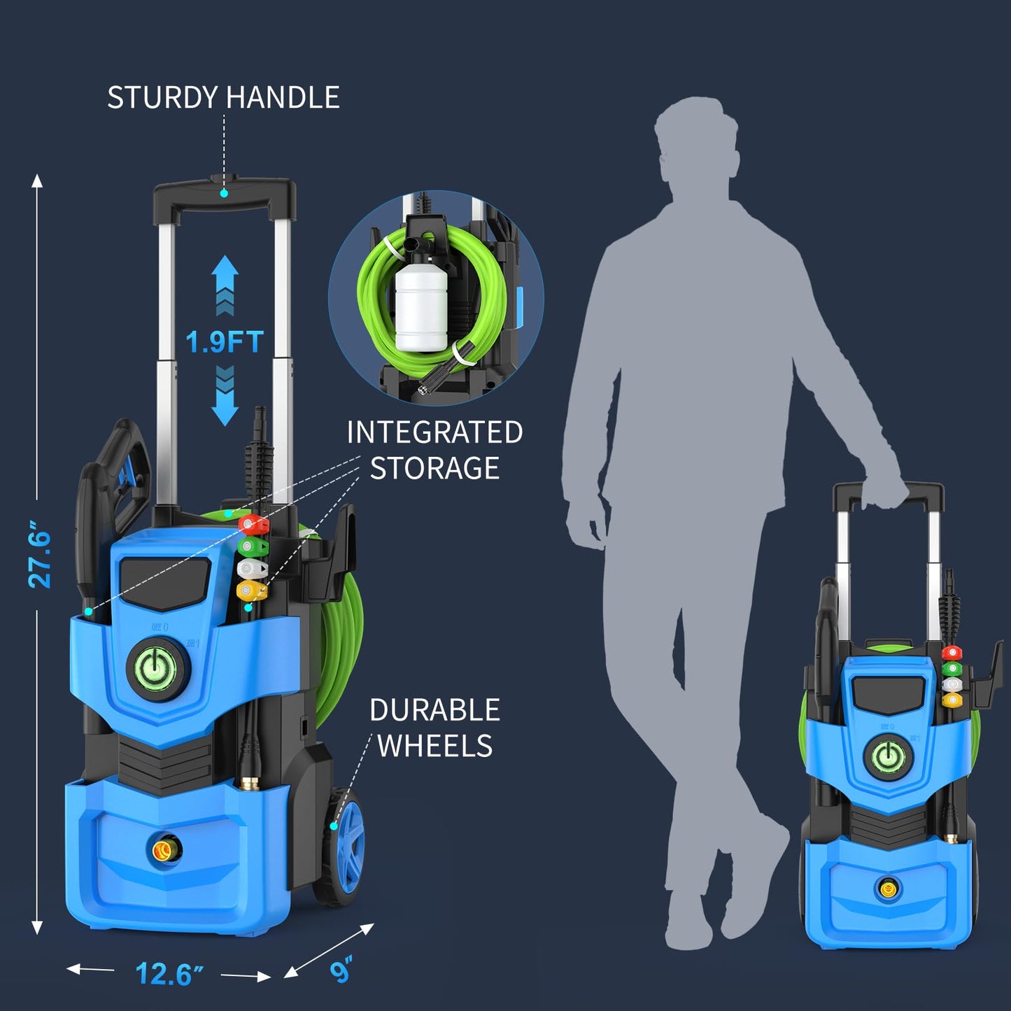 Commowner Pressure Washer 5000 PSI Adjustable Pressure, Power Cleaners Powered with 33ft Pressure Hose, 4 Nozzles and 500ml Foam Cannon, Cleaner Machine for Home, Light Blue