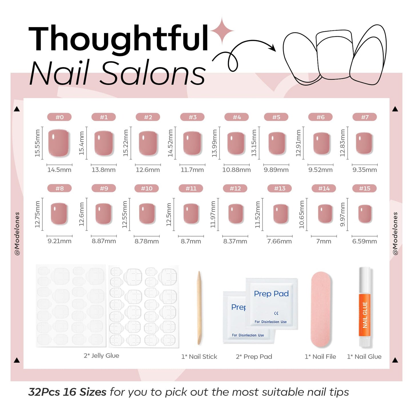 Modelones Extra Short Press on Nails, Squoval Fake Nails, Reusable Nail Kit with Nail Glue Adhesive Tabs Mini Nail File, Nails Press Ons 32Pcs 16 Sizes, Cosy Pink, Spring Women Girl Gift