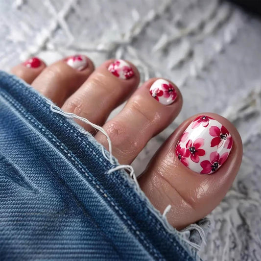 Red Flower Press on Toenails Short Square Fake Toe Nails Spring Summer Toe Nail Press ons Acrylic False Toenails Glossy Full Cover Stick on Toes for Women Manicure 24Pcs