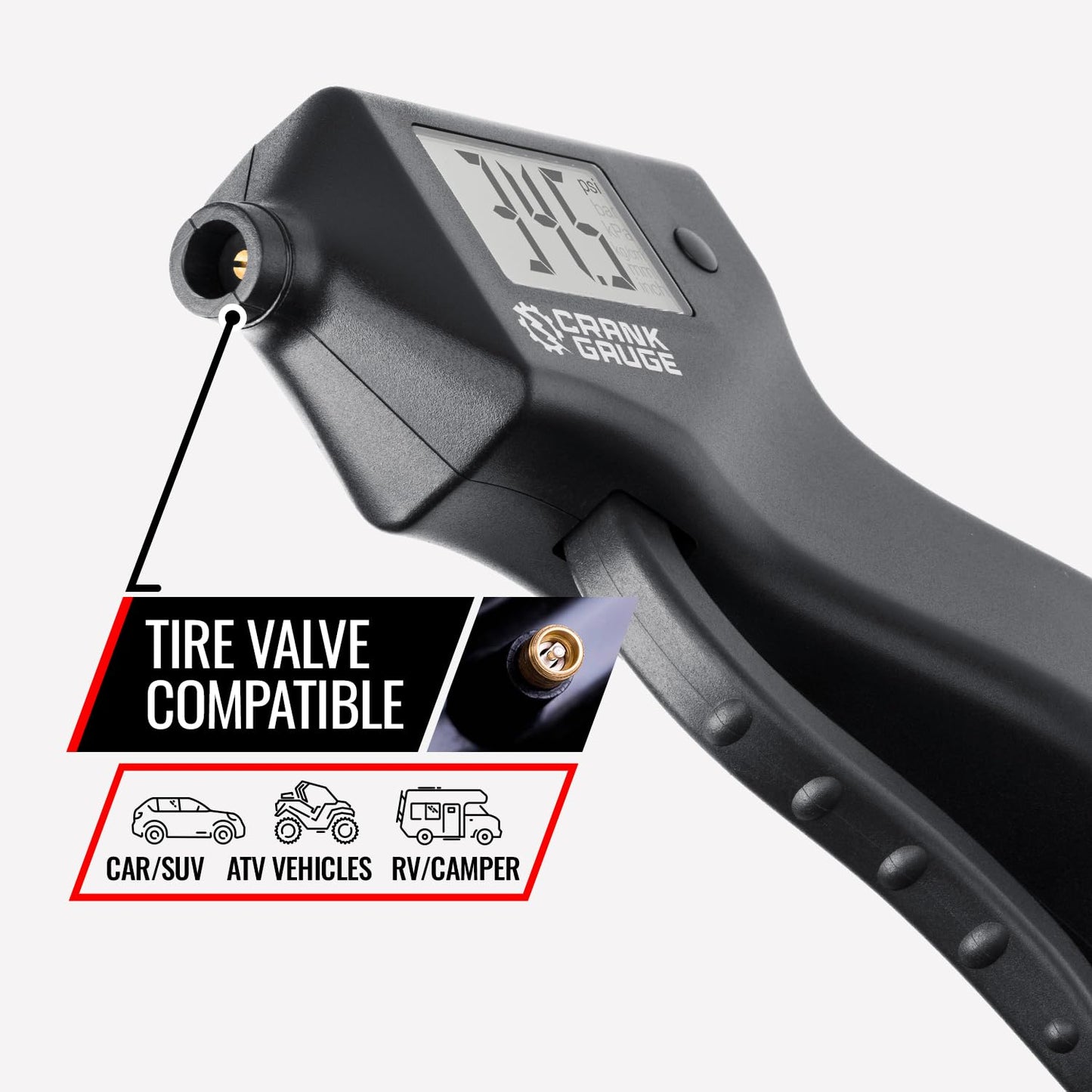 CrankGauge Battery-Free Tire Pressure Gauge (5-99 psi) and Tread Depth Meter (0-15mm) for Car, SUV and Motorcycle – Crank-Powered, Digital Display, Accurate and Eco-Friendly