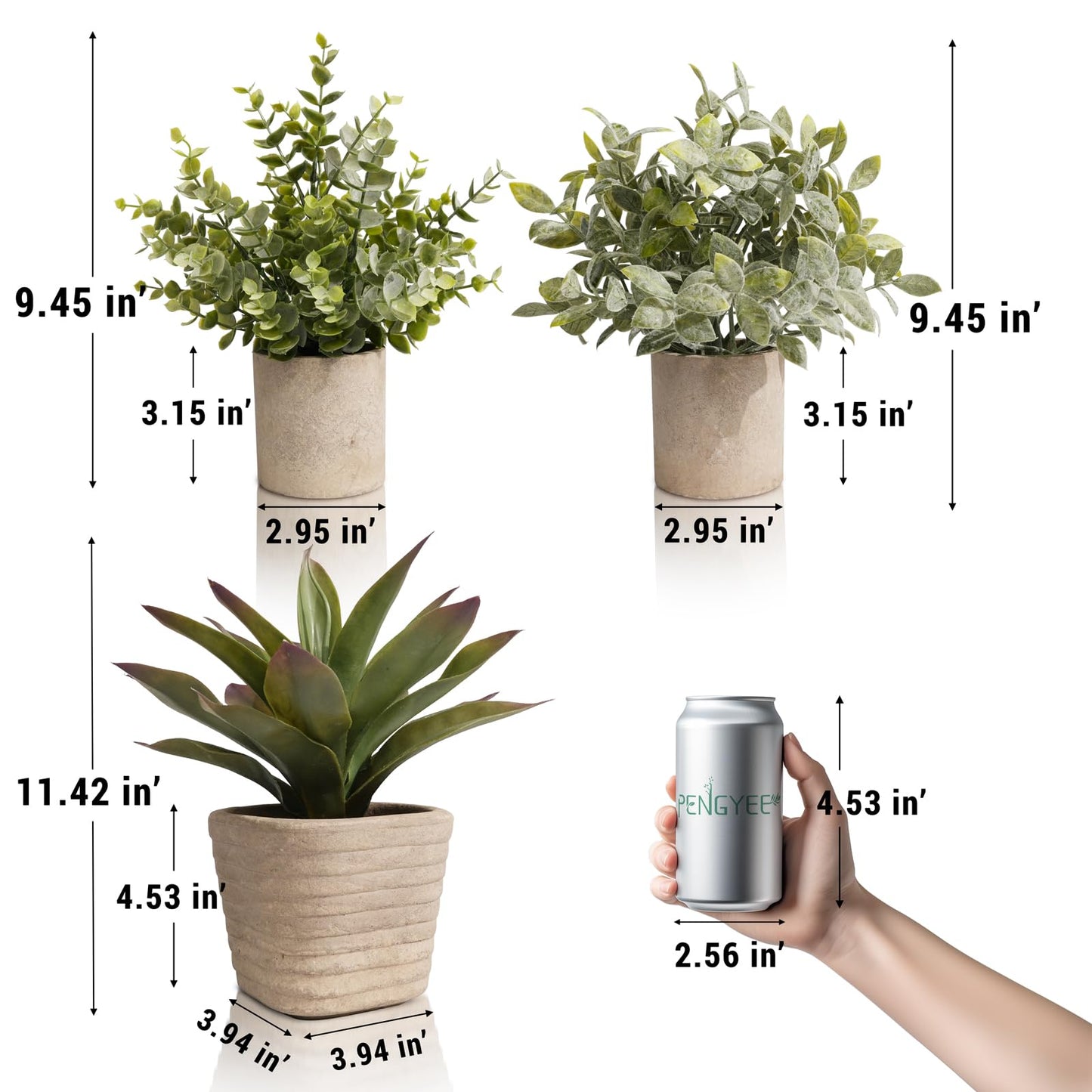 PENGYEE 3 Pack Small Fake Plants in Farmhouse Pulp Pot for Home Decor, Artificial Agave Plants Indoor, Small Faux Plants Indoor for Bathroom Bedroom Shelf Desk Office Table Kitchen Room Greenery Decor