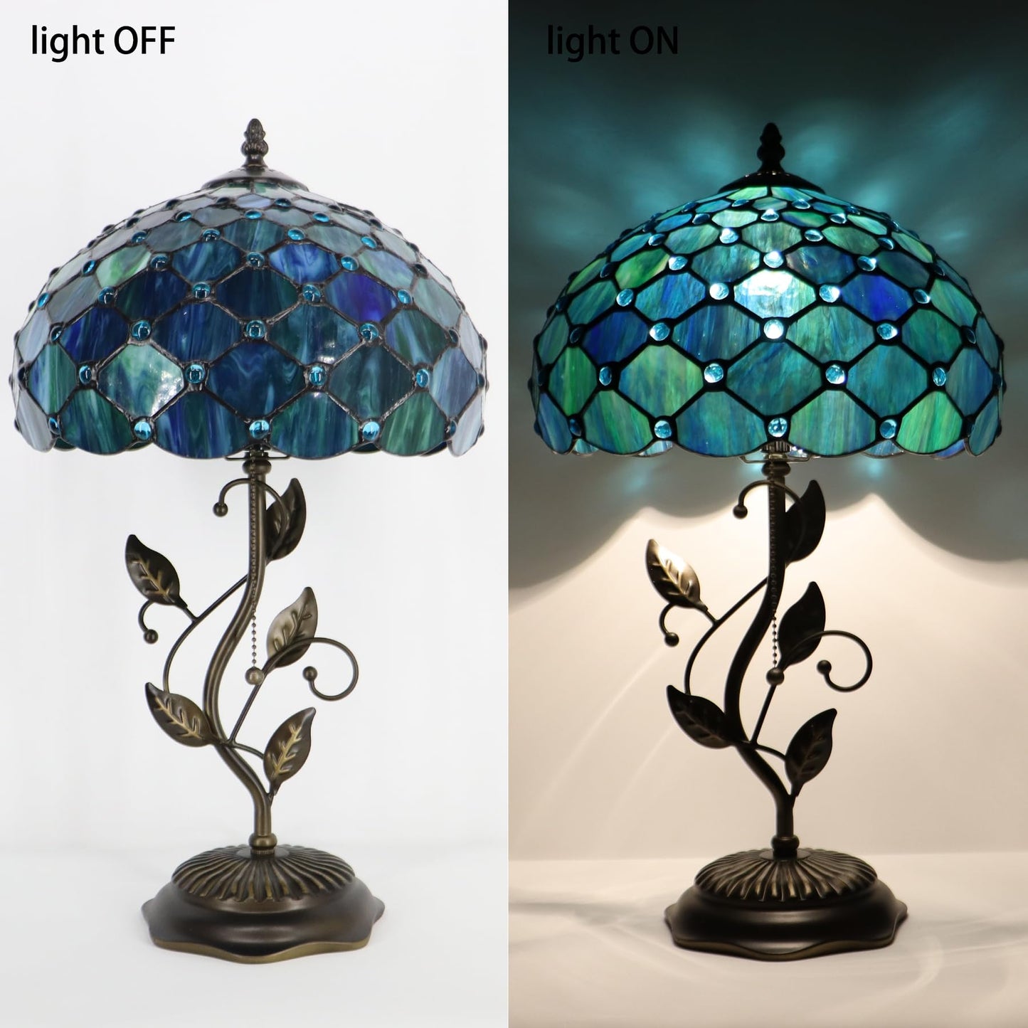 LXHCYOU Tiffany Table Lamp, Stained Glass Desk Light, W12H19 Inch, Metal Leaf Base (Sea Blue Pearl Style)