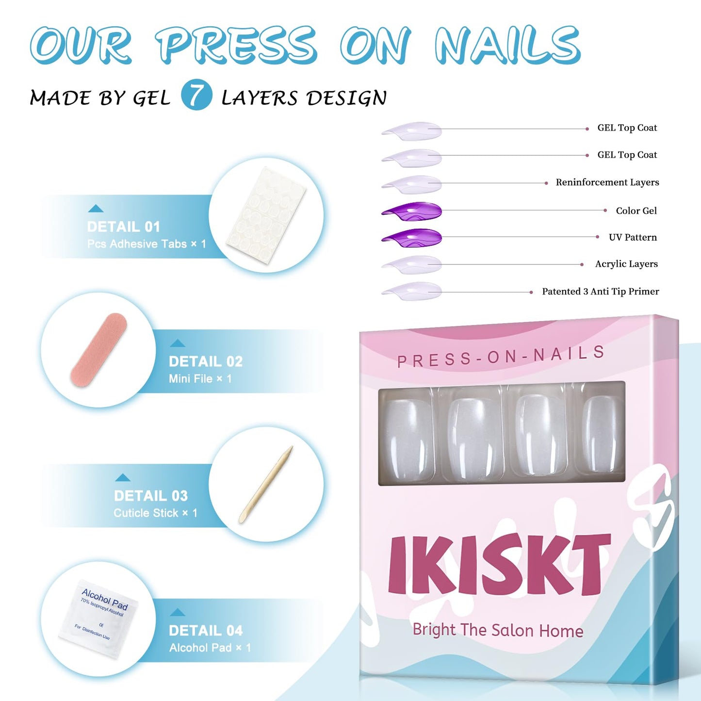 IKISKT Press On Nails - White Cat Eye Tips | Shiny Glitter Petie Sliver Solid Light Paste l UV Medium Short Square Shape False Fake Nails, Reusable Glue | 10-12 Sizes - 30 Nail Kit