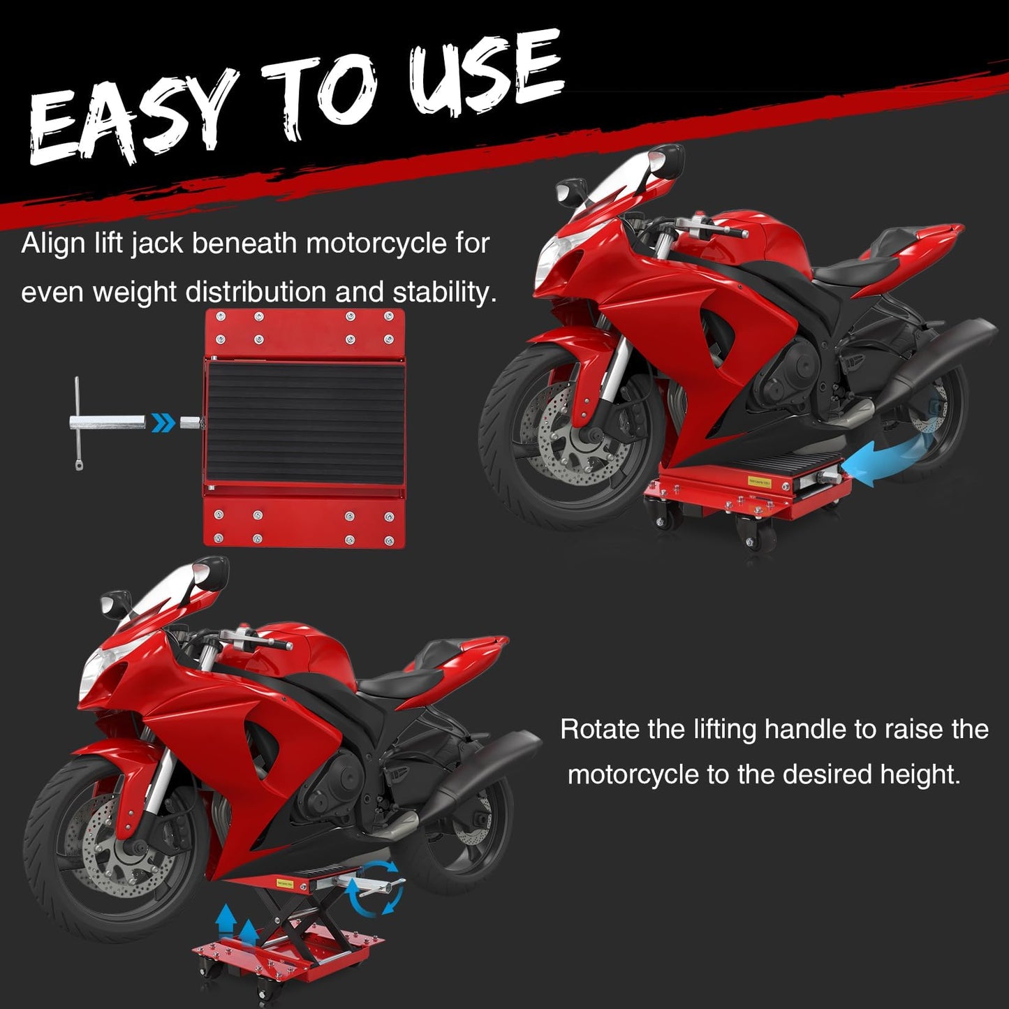 1200 LBS Motorcycle Lift Jack, 4.7"-15.4" Adjustable ATV Scissor Jack Table with Wheels & Hand Crank, Heavy Duty Center Hoist Stand for Cruiser, Dirt Bikes, Touring Motorcycles