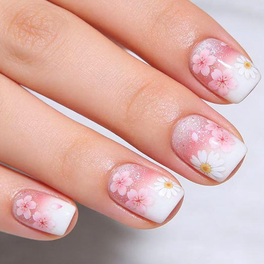 Flower Press on Nails Short Square Fake Nails with Floral Glitter Designs Spring Nails Press ons Pink White Glue on Nails Cute False Nails Summer Stick on Nails for Women 24Pcs
