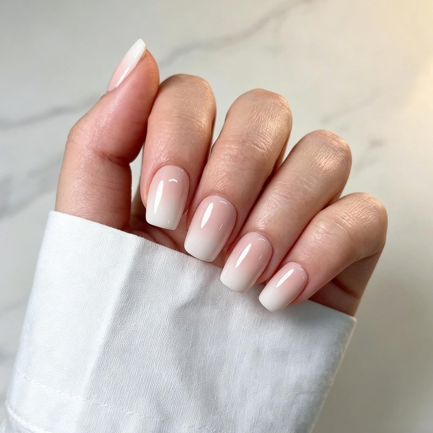 Bonitiva Short Square Press On Nails, Glossy Nude Ombre Soft Gel Reusable, 32PCS 16 Sizes, Salon Quality Long Lasting Fake Nails with Nail Glue & File Kit for Women Girls, Daily Wear