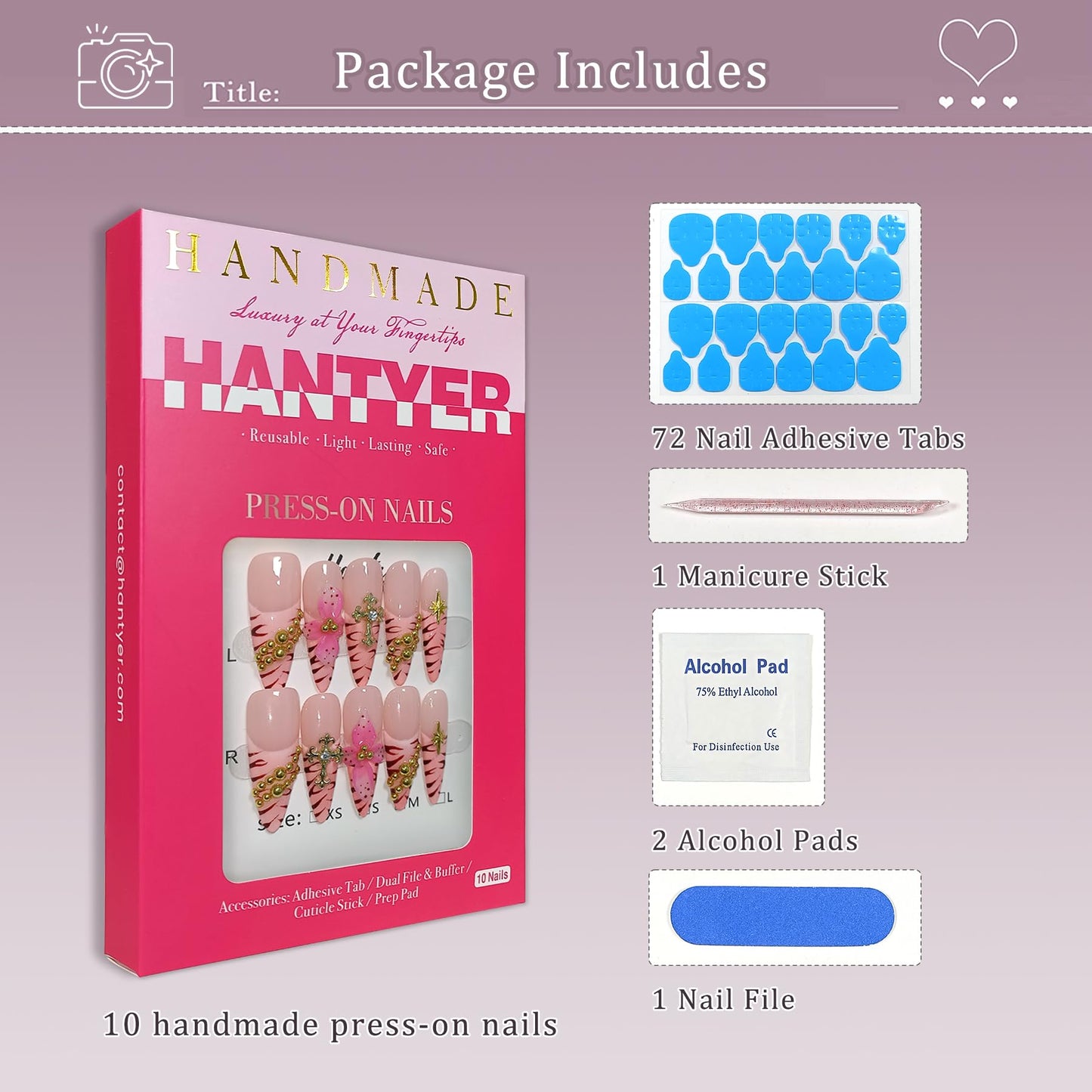 Hantyer Pink Leopard French Tip Press on Nails with 3D Floral Carving & Cross Gold Beads, Long Stiletto Glossy Y2K Fake Nails, Reusable Edgy False Nails for Women Festival Concert Party (Size L) ﻿