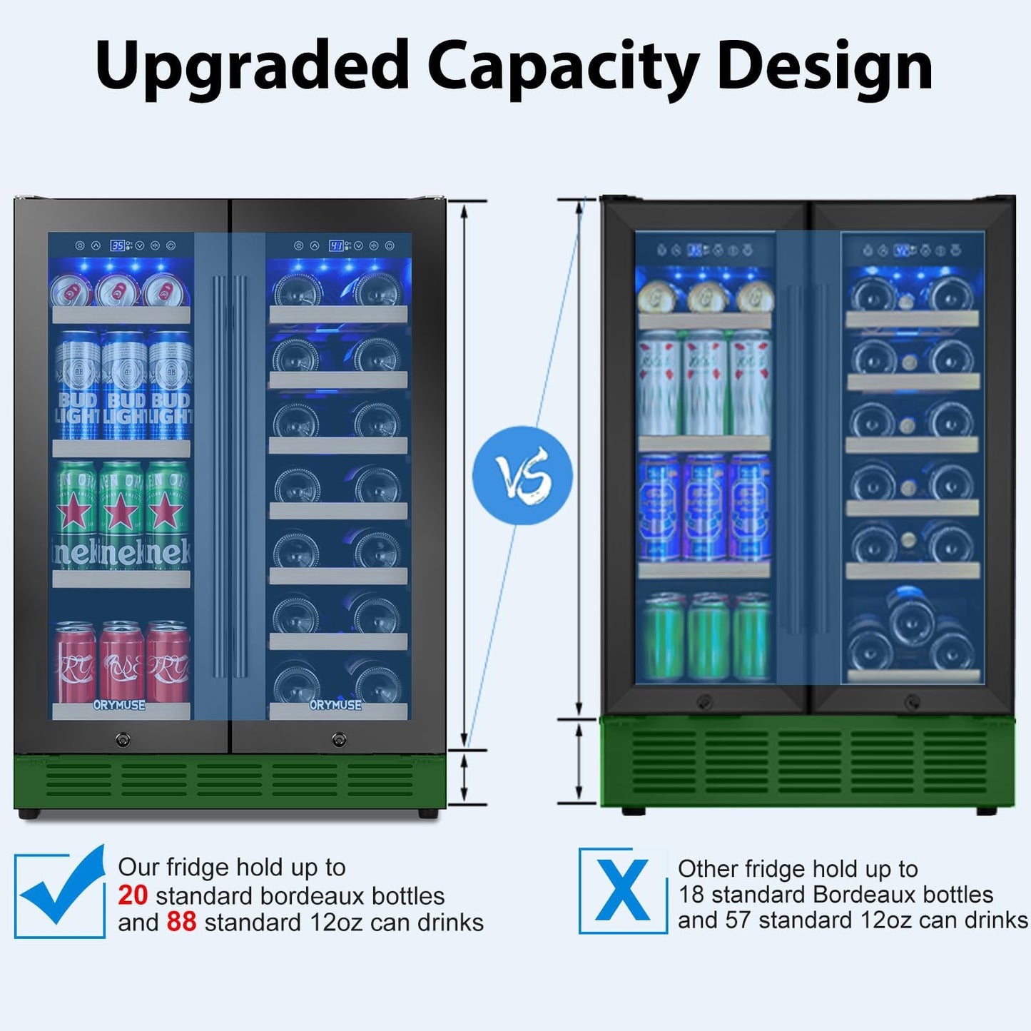 24" Dual Zone Wine & Beverage Refrigerator – Under Counter Cooler with Upgraded Cooling & Blue LED Light, Hold 20 Bottles and 88 Cans Large Capacity Wine Fridge, Built-In or Freestanding – Black