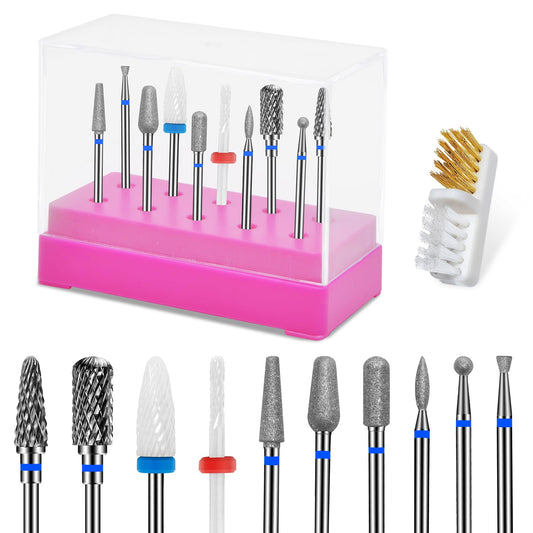 CGBE Nail Drill Bits Sets: 10PCS Tungsten Ceramic Diamond Carbide Nail Drill Bits for Acrylic Nails - 3/32" Shank Professional Nail Bits for Nail Drill Cuticle Drill Bit for Nail Enthusiasts