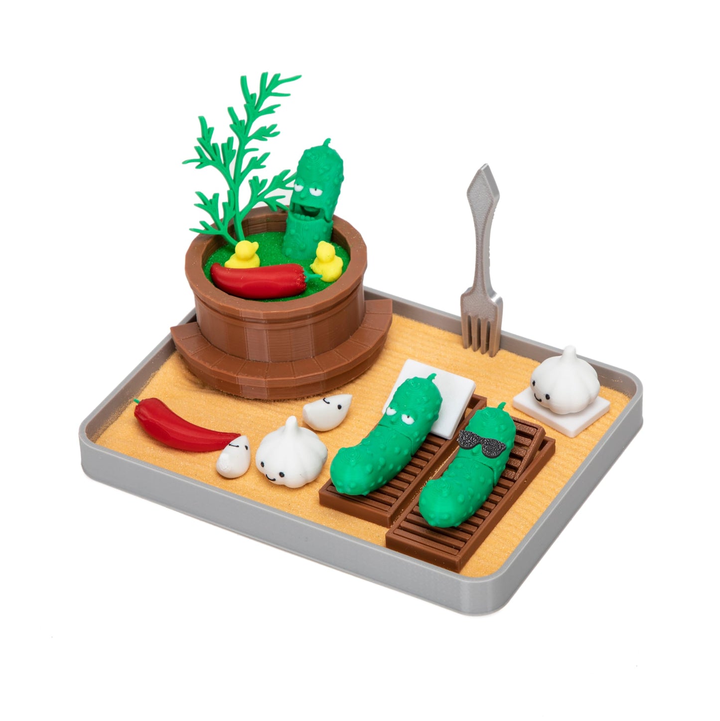 Stylor Pickle Zen Garden Office Desk Decor - Mini Decorative Therapy Sand Tray with Pickle Figurines and Wooden Barrel, Humorous Funny Stress Relief Gift Kit