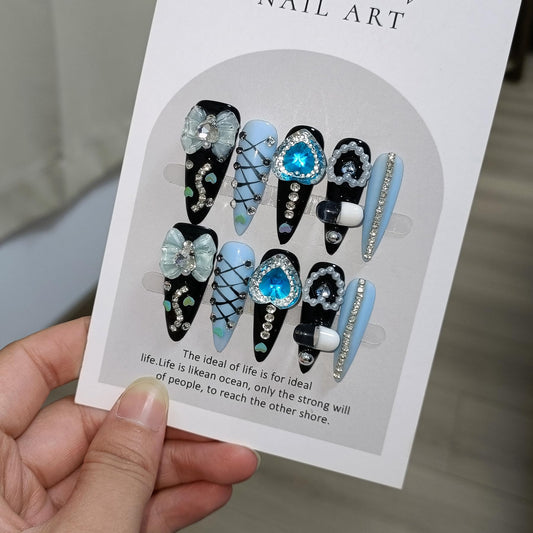 TENPAL 10Pcs Y2K Gothic Press On Nails With Tools,Blue 3D Capsule Pearl Bow & Chain Charms Designs Fake Nails,Long Stiletto Handmade False Nails,Reusable Acrylic Glue on Nails for Party Halloween(S)