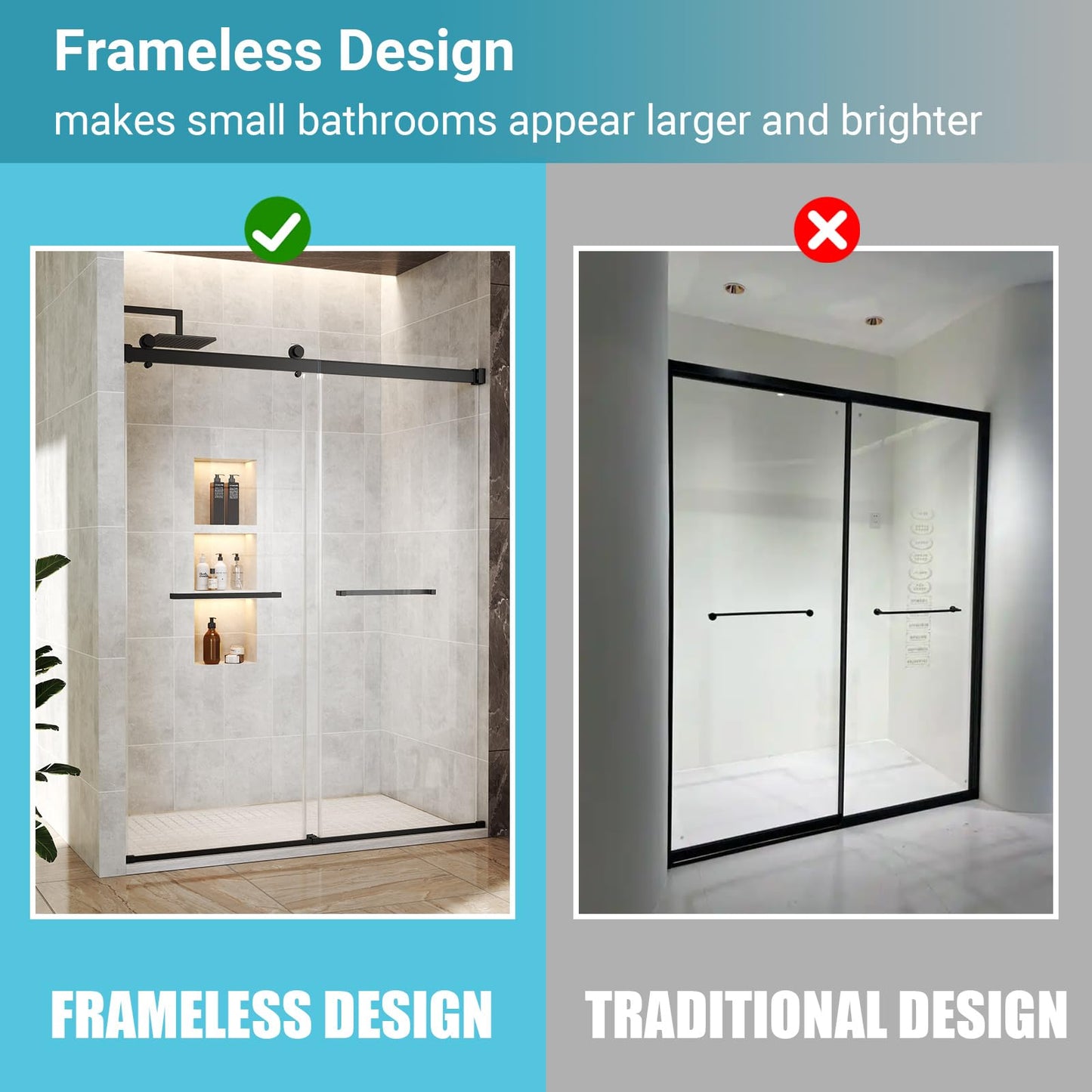 BATHWILLER 44"-48" W x 76" H Double Sliding Shower Door, 5/16" (8mm) Clear Tempered Glass Frameless Shower Door with Nano Easy Clean Coating, Stainless Steel Hardware, Matte Black