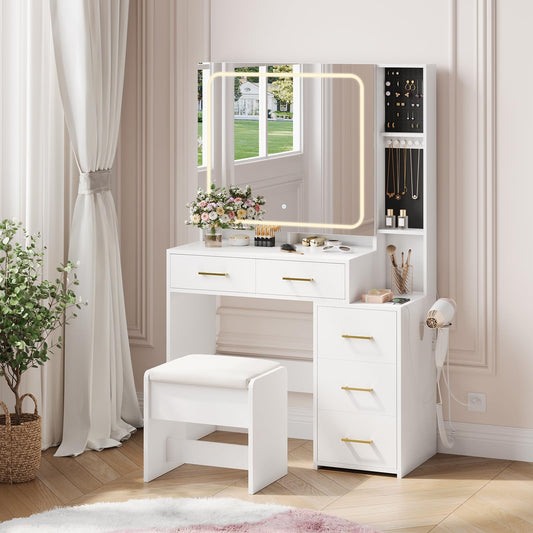 GarveeHome Makeup Vanity Set with Mirror and Lights, Vanity Desk with 5 Drawers, Stool & Power Outlet, 3-Color Lighting Modes with Adjustable Brightness for Bedroom Dressing Table, White