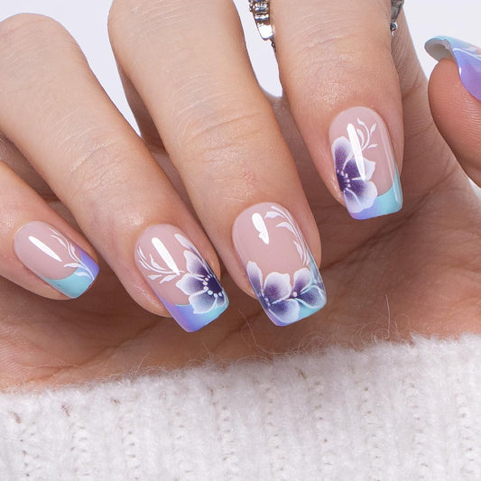 Curvlife Press on Nails Acrylic Fake Nails with Design Full Cover False Nails for Women Reusable Nail Kit with Nail Glue Adhesive Tabs Nail File (summer flowers)