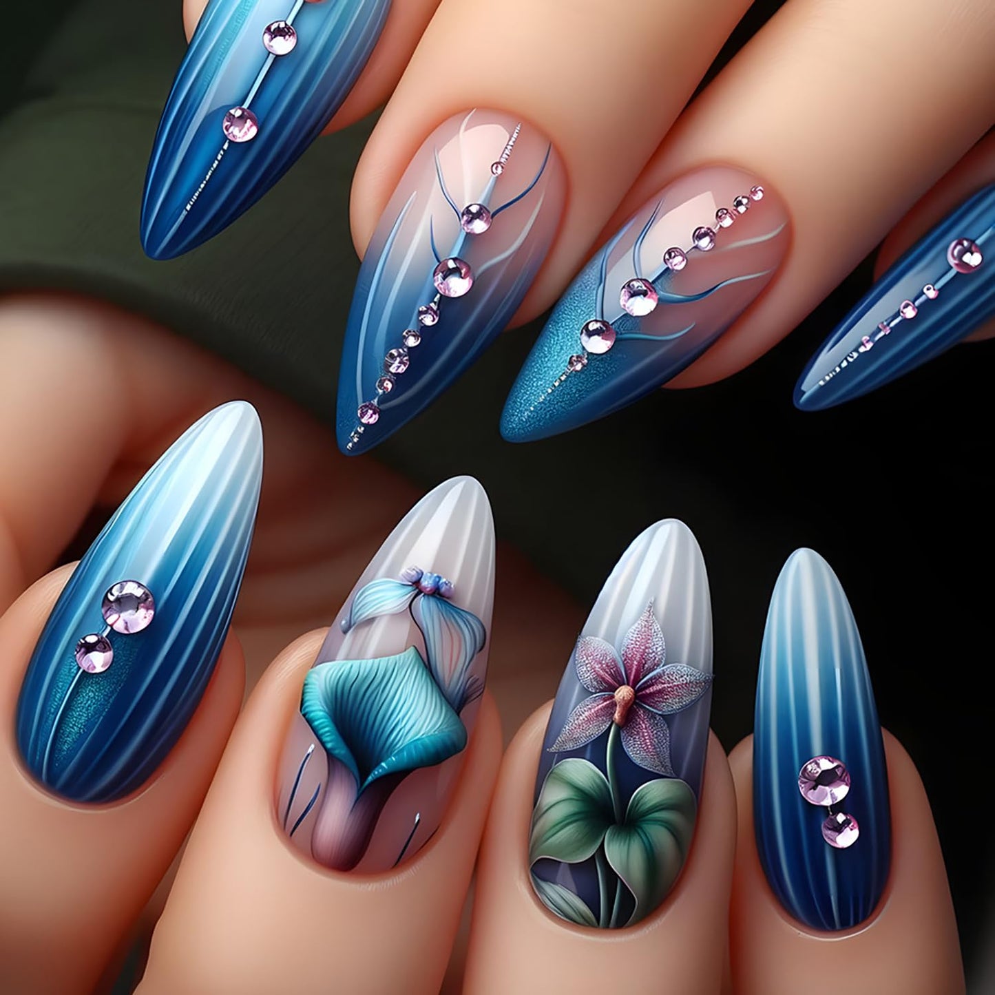 Blue Gradient French Tip Press on Nails Medium Flower Rhinestones Design Stripes False Nail Full Cover Glitter Stick on Nail Almond Tip Press Ons Manicure Glossy Reusable Glue on Nails for Women