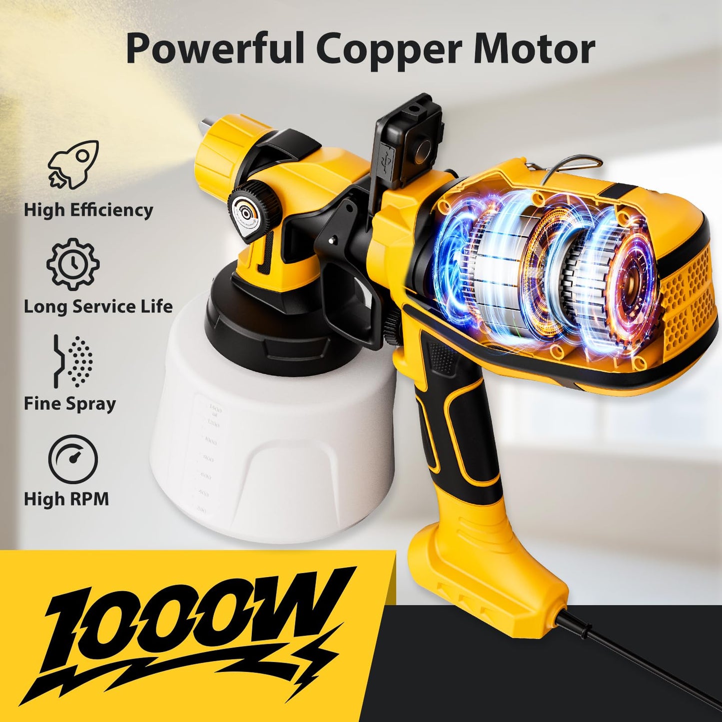 Paint Sprayer for House Painting, Paint Sprayer with 1000W Powerful Copper Motor, 1400ml (47oz) Container, 6 Brass Nozzles & LED Light, Easy to Clean for House, Fence, Furniture, Walls, DIY, Garden