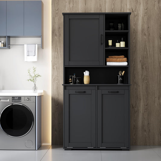 Roomfitters Tilt Out Laundry Hamper Cabinet with Hutch Modern Black Wooden Bathroom Storage Pantry Linen Tower, Black