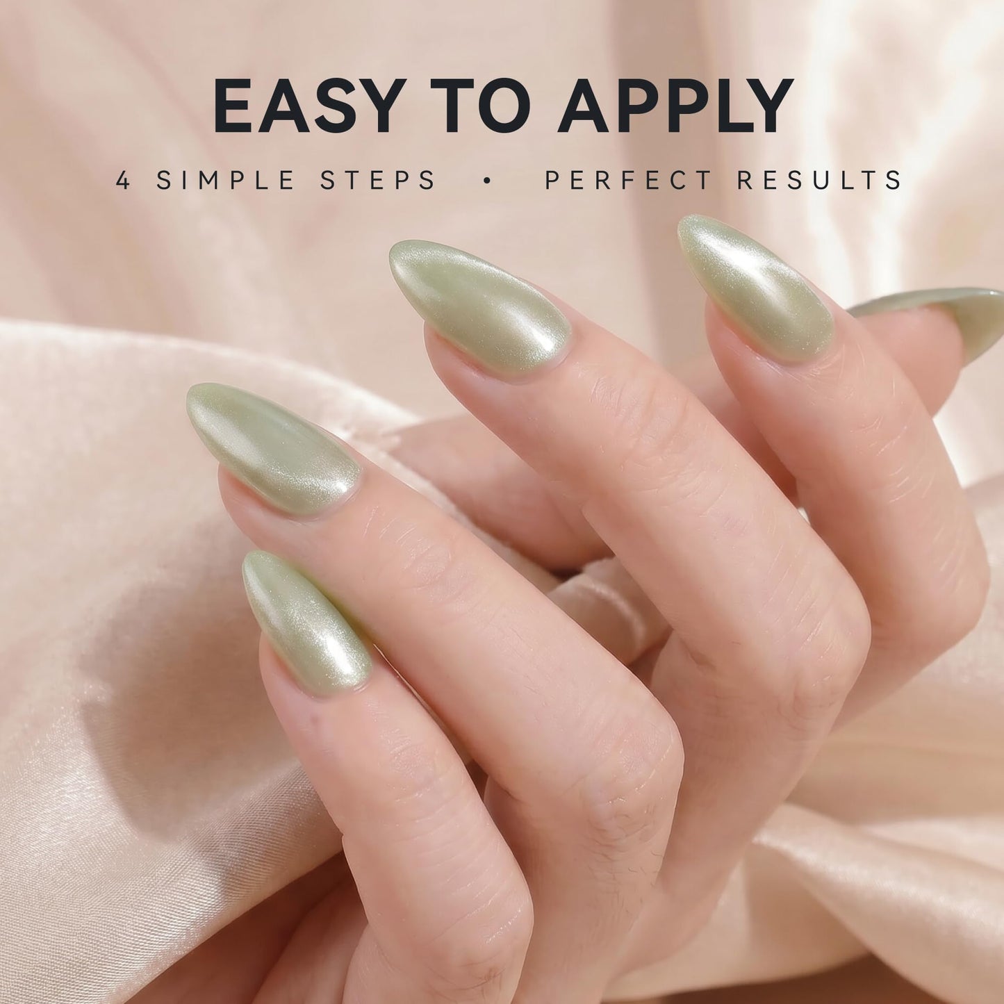 ELLEWIN 60 Pcs Cat Eye Press on Nails Medium Almond - Grass Green & Pink, 15 Sizes Acrylic Glossy Glitter Stick on Nails Set with Glue, Remover & Accessories for Women