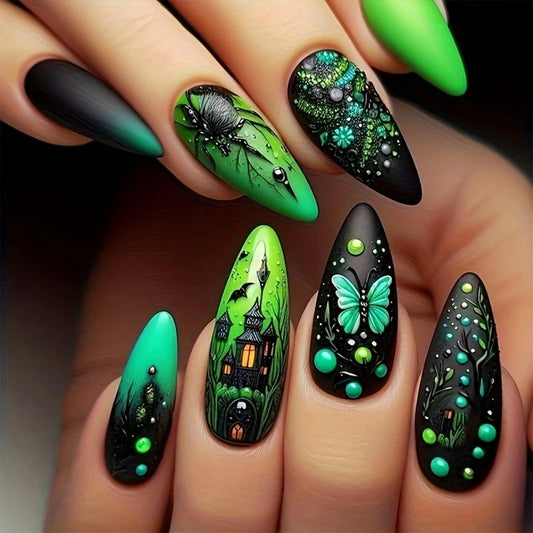 Halloween Press-On Nails Fluorescent Green Skull City Design False Nails Long Almond False Nails Butterfly Spider Acrylic Stickers Nail Gloss Halloween for Women Girls 24pcs