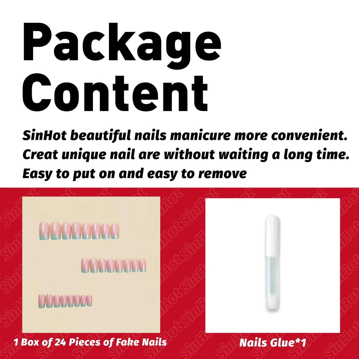 SINHOT Square Press on Nails - Short Fake Nails, Glossy Finish, Pink Blue Gradient & Bling, DIY Artificial False Nail Art - 24 Pcs Nail Kit with Glue