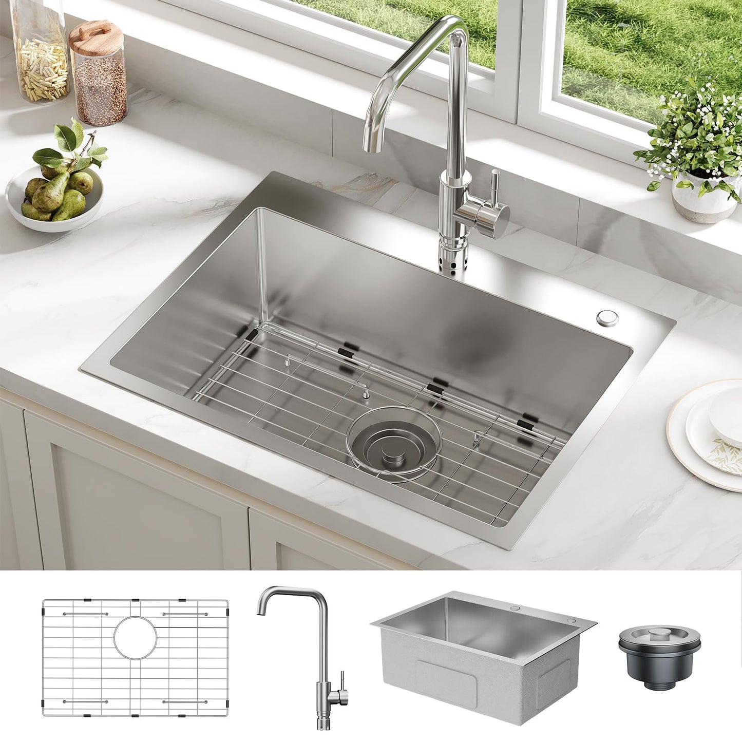 Drop in Kitchen Sink Workstation, Stainless Steel Single Bowl Sink with Cutting Board, Roll Up Rack and Drain Basket, Scratch Resistant Topmount Sink for Kitchen Prep and Cleaning