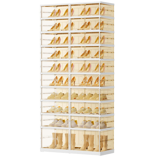 EHAMILY 10 Tiers 20-40 Pairs Foldable Shoe Rack for Closet Plastic Stackable Shoe Boxes for Garage Collapsible Shoes Shelf with Doors Storage Organizer Cabinet Quick Assembly,Brown
