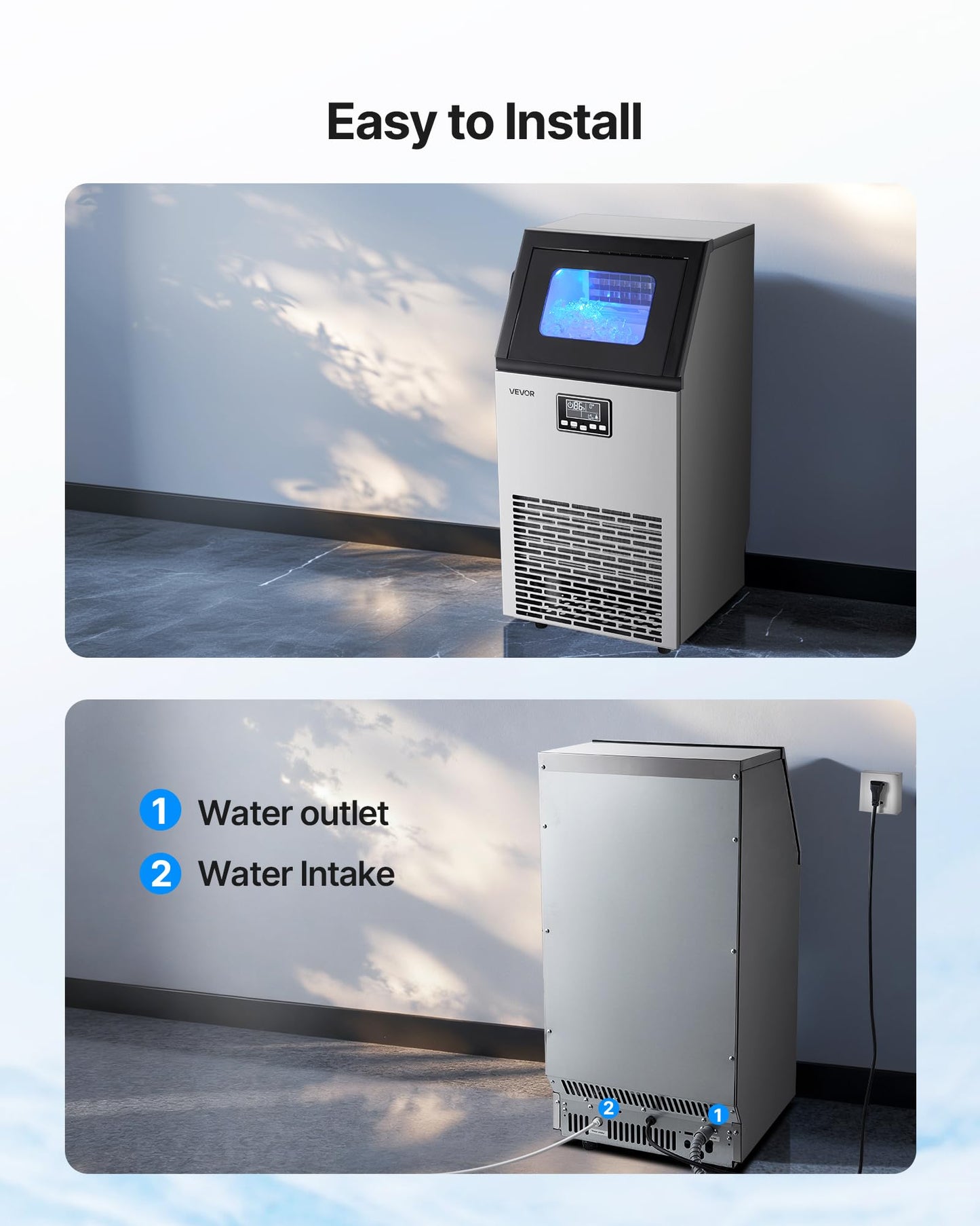 VEVOR Commercial Ice Maker Machine, 100 lbs/24h with 28Lbs Storage, 45 Cubes per Cycle, Stainless Steel Freestanding & Under Counter Ice Maker with LED Display & Self-Cleaning, for Home Bar Restaurant