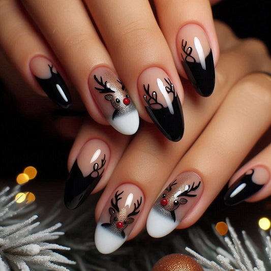CJDLTS Christmas Press on Nails Short Artificial Almond Acrylic False Nails French Tip Fake Nail Elk with Glitter Design Stick on Nail Winter Full Cover Artificial Fingernails for Women Manicure