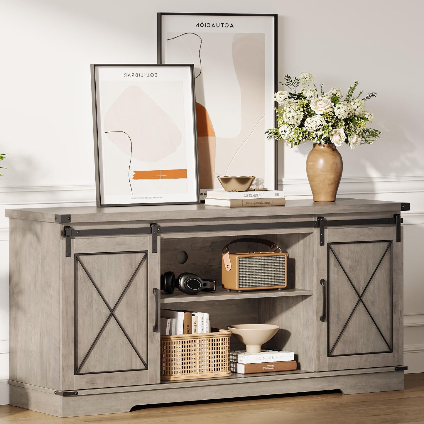 IDEALHOUSE Farmhouse TV Stand and Entertainment Center for Tv up to 65 inches with Sliding Barn Doors and Adjustable Shelf, Tv Media Console Table with Storage Cabinet for Living Room, Grey