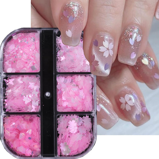 6 Grids Pink Cherry Blossoms Nail Art Glitter Sequins, Mixed Butterfly Love Heart Nail Sequin Colorful Nails Glitter Sequins for Women Daily Nails Decorations DIY Manicure Accessories Supplies
