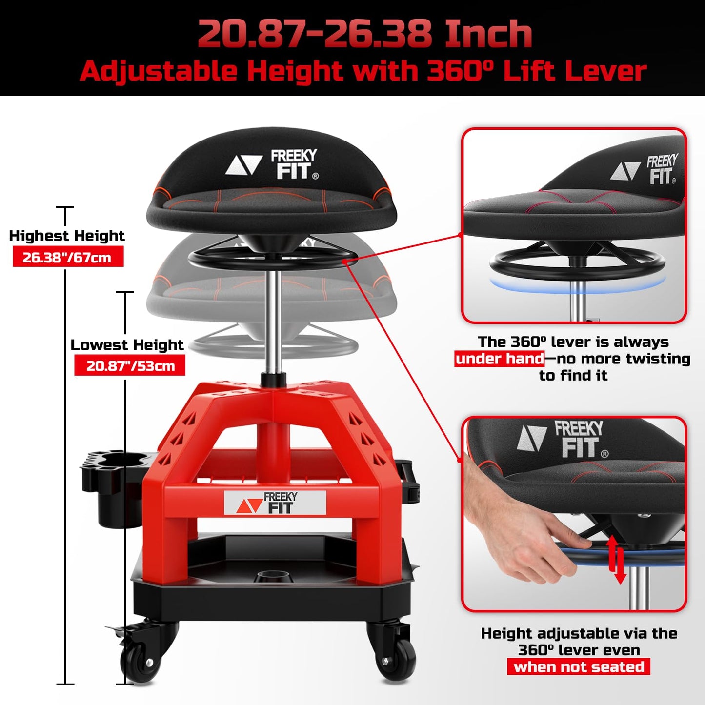 FreekyFit Rolling Shop Stool for Garage with Casters, DO02-Adjustable Height 360° Swivel Shop Seat with Tool Tray Storage, 330 LBS Capacity Padded Mechanic Stool, Magnetic Tool Hold, Heavy Duty, Red