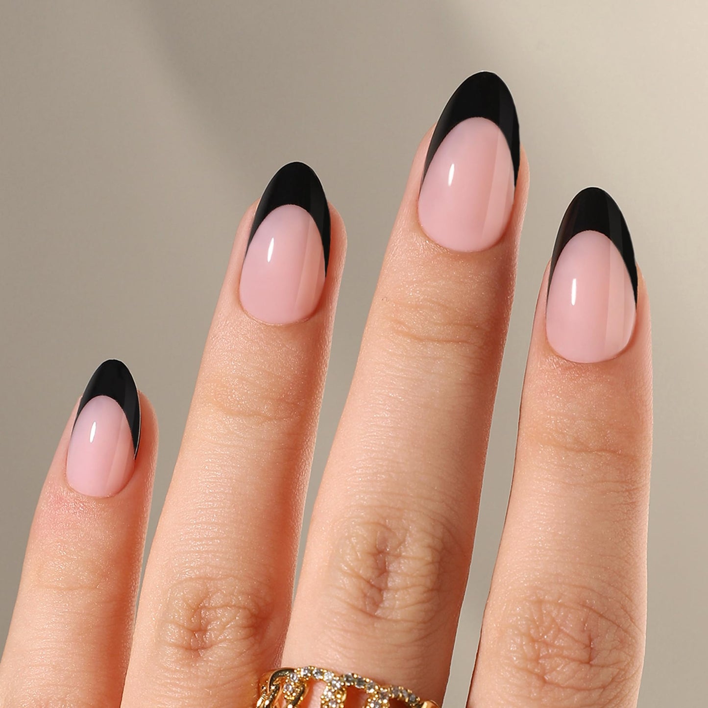 WAFOLOZE Black French Tip Press On Nails - Press On Nails Almond, Short Fake Nails with Nail Glue, Artificial Nails 16 Sizes - 32Pcs Reusable Soft Gel False Nails Tips Kit, Glue On Nails Short