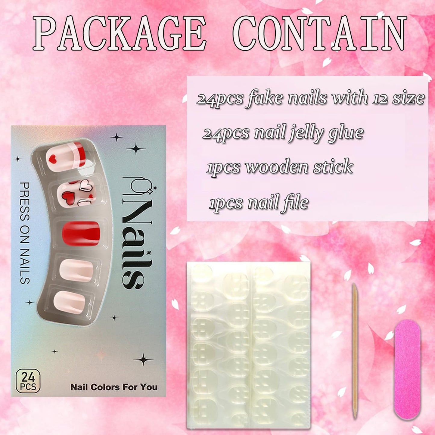 FIEONCIY Press on Nails Short Square Glossy Full Cover Acrylic Short Square False Nails with Heart Designs Artificial Square Fake Nails Glue ons Fingernails for Women Girls(YS513)